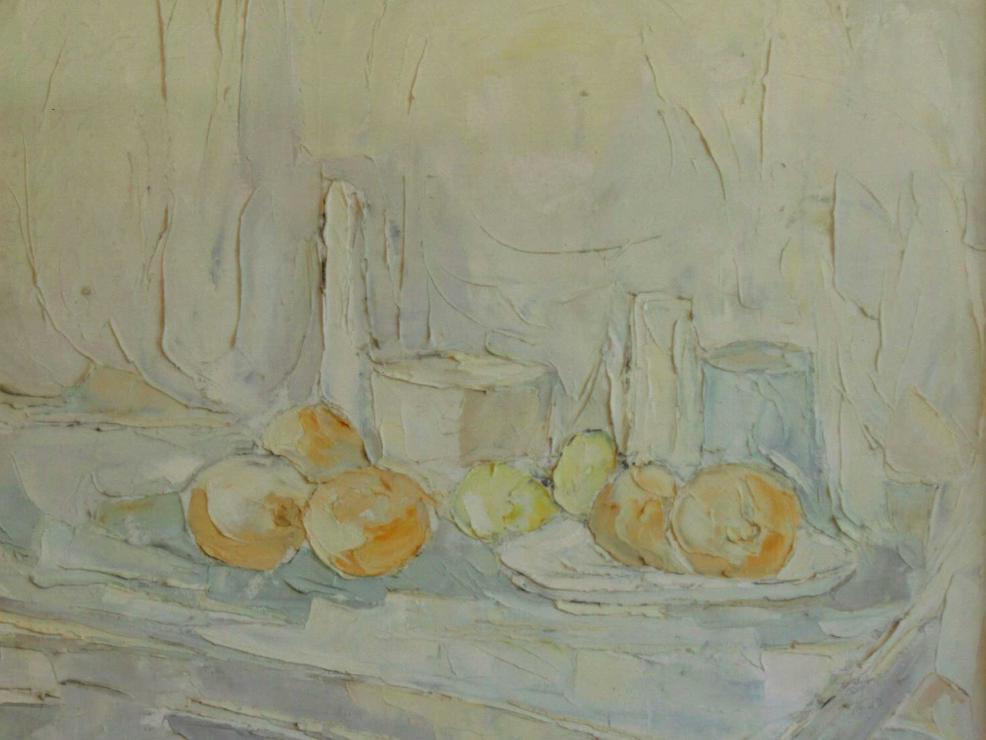 NATURA MORTA CON FRUTTA 1964, olio a spatola su tela, cm. 40×50