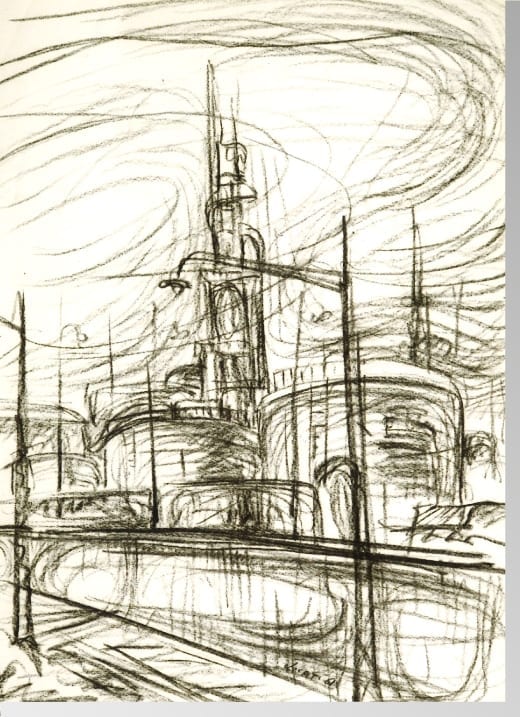 RAFFINERIA 1961, gesso su carta, cm. 68×48.